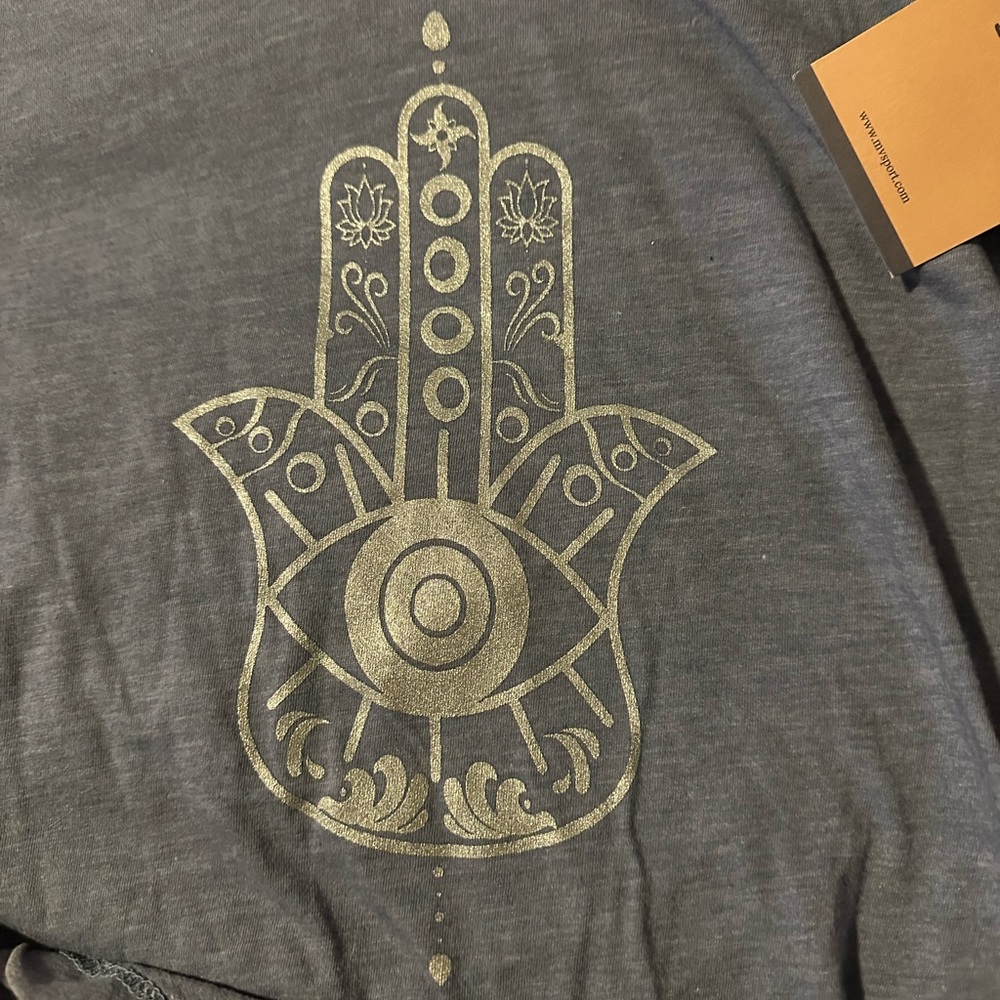 MV SPORT Custom screen printed with Hamsa. Represents water, air, earth, sun.
